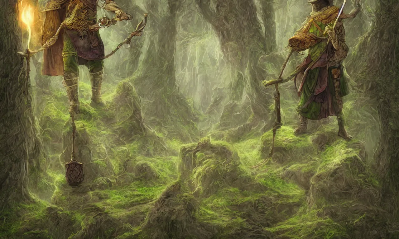 Image similar to a wizard with a staff, discworld theme, moss, nordic, pastel colors, 3 d art, digital illustration, perfect lighting