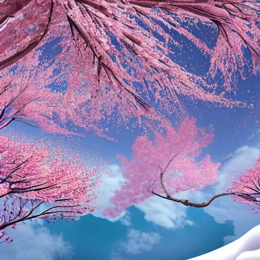 Image similar to Snowy mountain covered in cherry blossom trees , hd, intricate, hyper detailed, award winning, beautiful, 8k, digital art, surreal