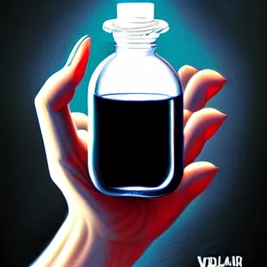 Image similar to detailed digital art of a normal hand holding a single tiny unlabeled clear medicine bottle half-full of mysterious black liquid; magic the gathering art by Volkan Baga, rk post, Lindsey Look, artstation
