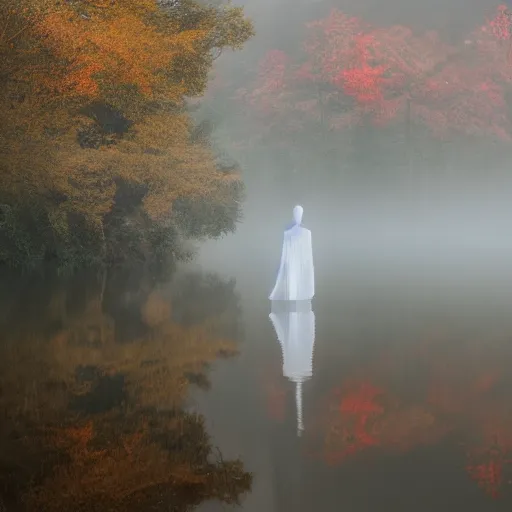 Image similar to a ghostly woman in a white dress rising from a misty lake dripping wet, high resolution photograph, autumn, sunrise, eerie light