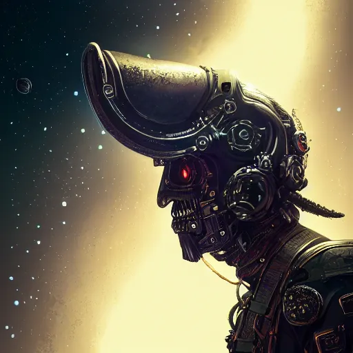 Prompt: a highly detailed space pirate portrait of an interstellar criminal radiating a dark unholy aura, ornate black futuristic gothic armor, intricate broken space helmet, VR iridium visor, digital painting, artstation, concept art, smooth, sharp focus, illustration, deep vibrant colors, hyperrealistic, photorealistic