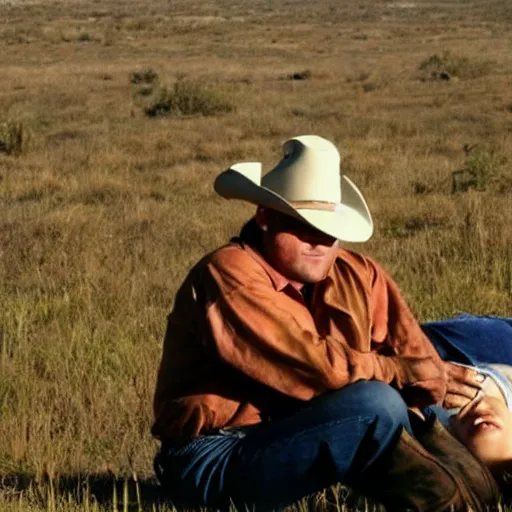 Image similar to a cowboy standing next to a dead girl, the cowboy is smiling.