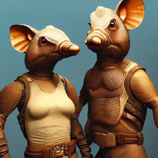 Image similar to a hyper real comic book style portait painting of a nice conversation between 2 armadillos, unreal 5, hyperrealistic, octane render, cosplay, rpg portrait, dynamic lighting