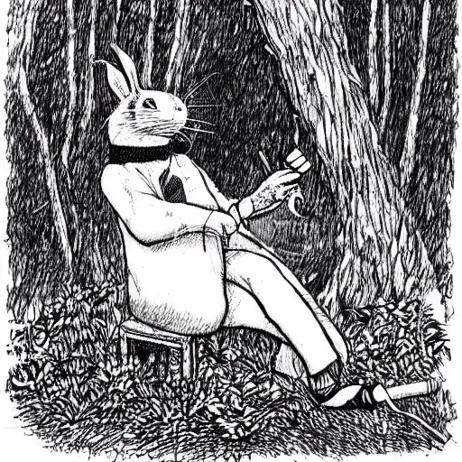 Image similar to a pen and ink drawing of a white rabbit smoking a cigarette while reclining in a deep dark tangled forest, a lingering smoke cloud, childrens book illustration, by edward gorey, by gustav dore