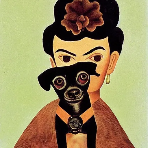 Image similar to a woman and her black and brown chihuahua by frida kahlo