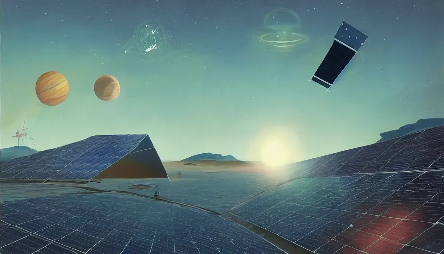 Prompt: giant solar sail floating in space and blocking the sun, planet earth in the foreground, simon stalenhag, art deco painting