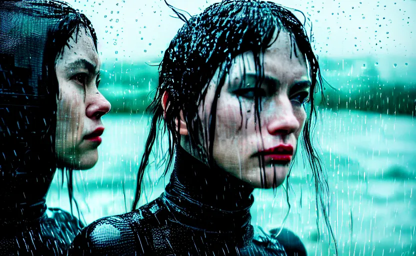 Image similar to cinestill 5 0 d candid action photographic portrait by quentin tarantino of two loving female androids wearing rugged black mesh techwear in treacherous waters, extreme closeup, modern cyberpunk retrofuturism moody emotional cinematic, pouring iridescent rain, 8 k, hd, high resolution, 3 5 mm, f / 3 2, motion blur, ultra realistic faces, ex machina