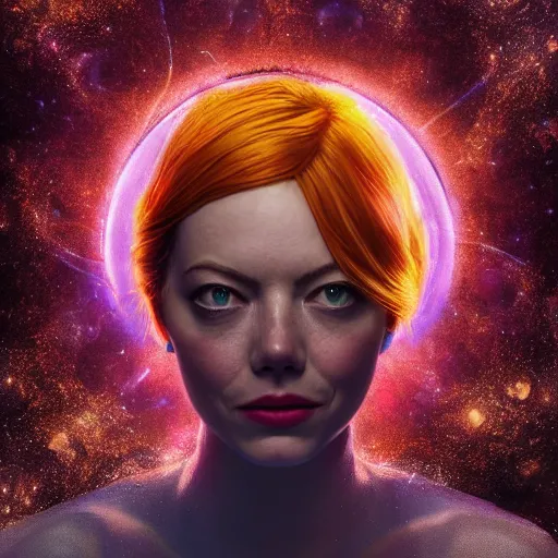 Image similar to emma stone as a cosmic fractal, hyper detailed, digital art, trending in artstation, cinematic lighting, studio quality, smooth render, unreal engine 5 rendered, octane rendered, art style by klimt and nixeu and ian sprigger and wlop and krenz cushart.