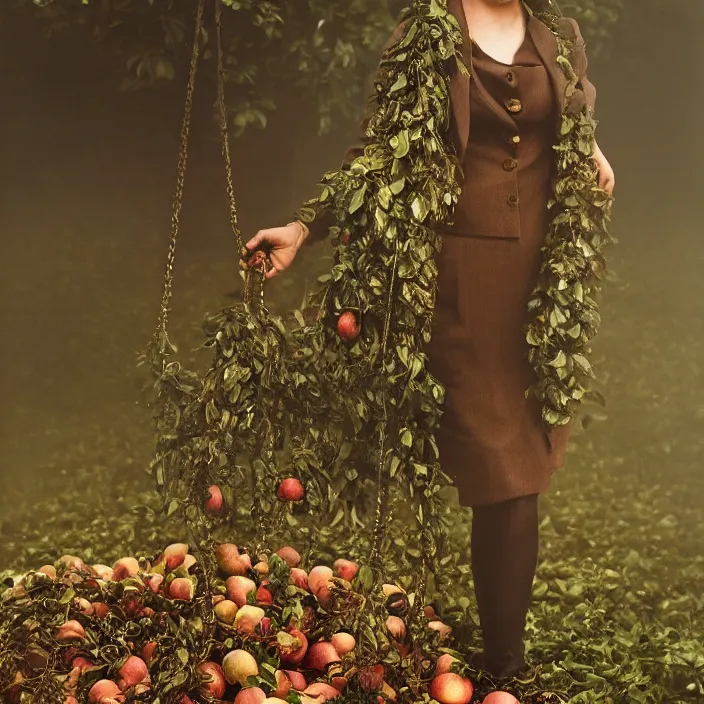 Image similar to a closeup portrait of a woman wearing suit made of leaves and chains, picking apples from a tree, foggy, moody, photograph, by vincent desiderio, canon eos c 3 0 0, ƒ 1. 8, 3 5 mm, 8 k, medium - format print