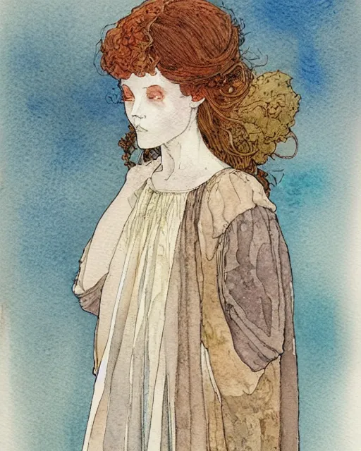 Prompt: a simple and atmospheric watercolour portrait of a girl wearing a dress made of pockets, very muted colors, by rebecca guay, michael kaluta, charles vess and jean moebius giraud