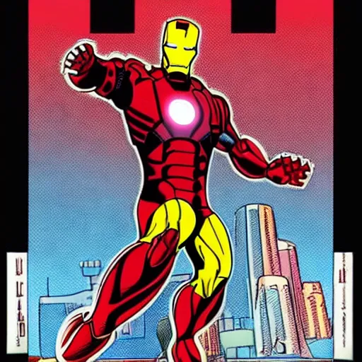 Prompt: iron man, full color, comic style, line art, art by mike allred, vibrant realistic colors