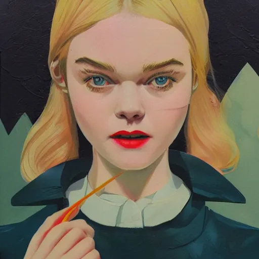 Prompt: Elle Fanning in 60s ad picture by Sachin Teng, asymmetrical, dark vibes, Realistic Painting , Organic painting, Matte Painting, geometric shapes, hard edges, graffiti, street art:2 by Sachin Teng:4