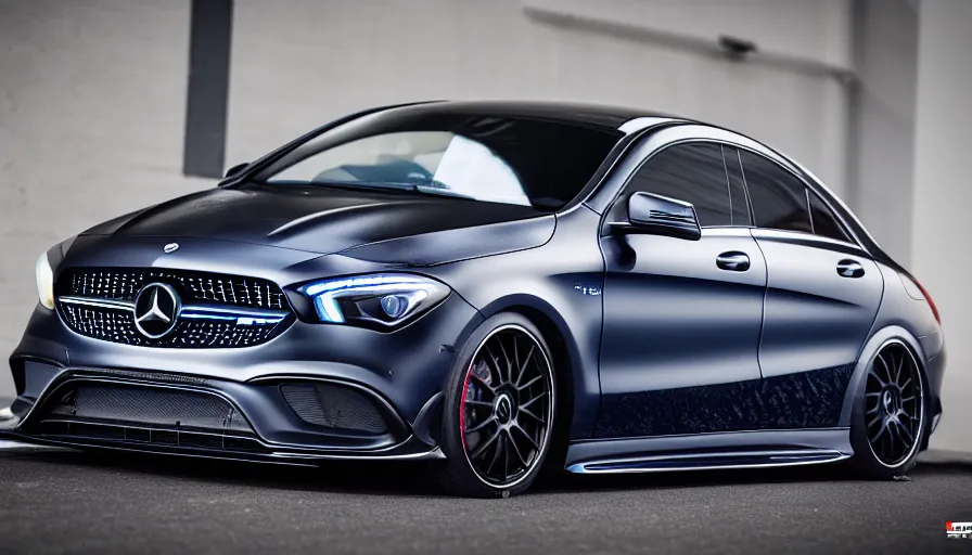 Prompt: a car and driver magazine photo shot, a dark blue 2021 Mercedes cla 45 AMG heavily modified and customized as a performance tune street racing SUV, black rims, samurai vinyl wrap, cinematic lighting, art station, volumetric light, low angle camera, redshift render, octane render, art station