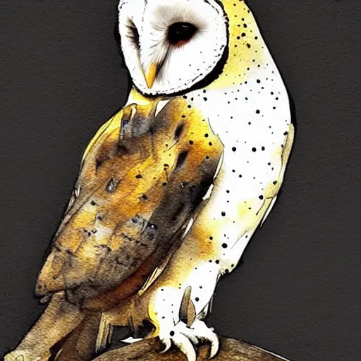 Prompt: a barn owl, digital art, watercolor, dripping paint, black and white, concept art, soft colors, style of anders zorn