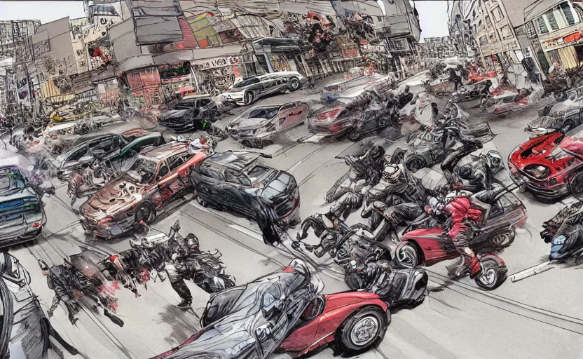 Prompt: action shots of a high speed car chase through a crowded street illustrated by jung gi kim, katsuya terada, jean - david morvan. extremely detailed illustration, action shots, striking perspective