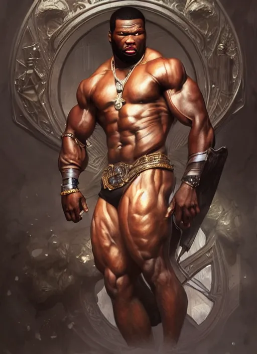 Prompt: Portrait of 50 cent >>yelling<<, D&D, muscular, fantasy, intricate, elegant, highly detailed, digital painting, artstation, concept art, smooth, sharp focus, illustration, art by artgerm and greg rutkowski and alphonse mucha