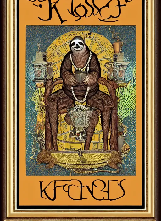Image similar to sloth as the king of cups, copper cup, coper crown, poster framed, intricate details, medieval art style, high contrast, posterized
