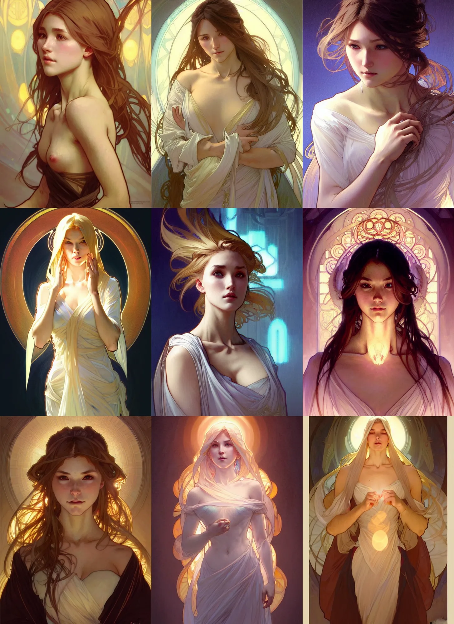 Prompt: digital character concept art by artgerm and greg rutkowski and alphonse mucha. clear portrait of a young wife blessed by god to uncontrollably become overwhelmingly perfect!! blonde, clothed, holy body!! light effect. hyper detailed, glowing lights!! intricate, elegant, digital painting, artstation, smooth, sharp focus