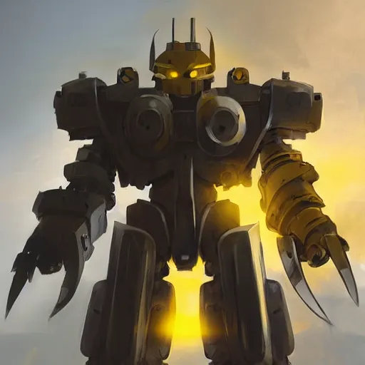 Image similar to yellow mecha with flat head and big sword and shield, Keetongu Bionicle, by Greg Rutkowski