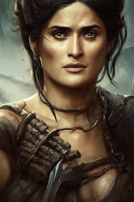 Image similar to portrait, Salma Hayek , barbarian , face portrait, raphael lacoste, eddie mendoza, alex ross, concept art, matte painting, highly detailed, rule of thirds, dynamic lighting, cinematic, detailed, denoised, centerd