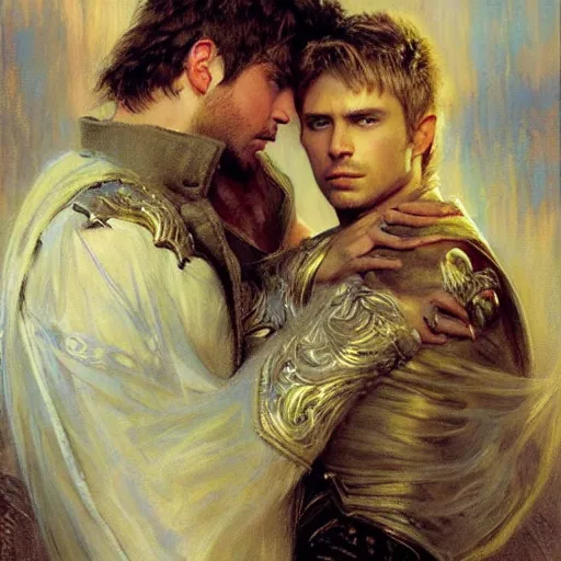 Image similar to attractive male, arthur pendragon who has blond hair confesses his love to attractive male, merlin who has dark hair. highly detailed painting by gaston bussiere, craig mullins, j. c. leyendecker 8 k