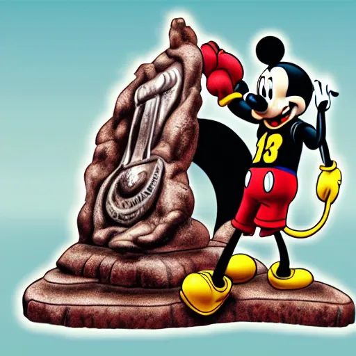 Image similar to Lebron Bowing to a statue of mickey mouse digital art