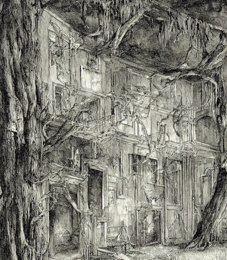 Image similar to southern plantation mansion hanging moss abandoned decay illustration by maurice sendak