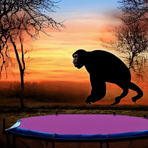 Image similar to chimpanzee jumping on a trampoline, sunset, trees in the distance, another chimpanzee stands near by