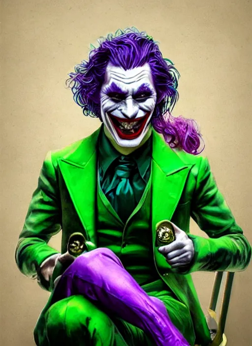 Prompt: portrait of Ezra Miller as the Joker, opulent, laughing pose, sigma male, gigachad, lavish green hair, royal crown, purple luxurious futuristic suit, sitting at a sumptuous golden couch, fantasy, elegant, realistic, highly detailed, digital painting, artstation, concept art, smooth, sharp focus, illustration, art by artgerm and greg rutkowski and alphonse mucha