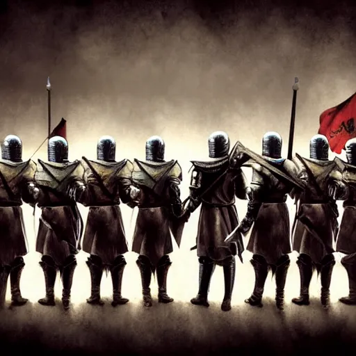 Image similar to realistic, 5 medieval knights, soldiers, in line, pikes, hellbards, banner, flag, mist, picture from behind, epic, digital art, illustration, fantasy, realistic sketch, dark