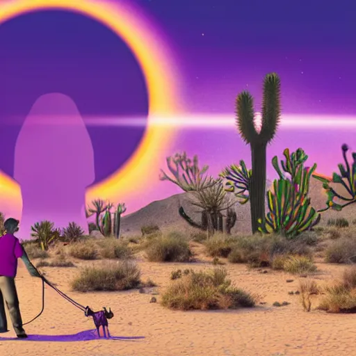 Prompt: A five-foot tall human nose that is walking a leashed holographic beetle in a desert with purple cacti, joshua trees, with a red sun directly overhead. Detailed illustration.