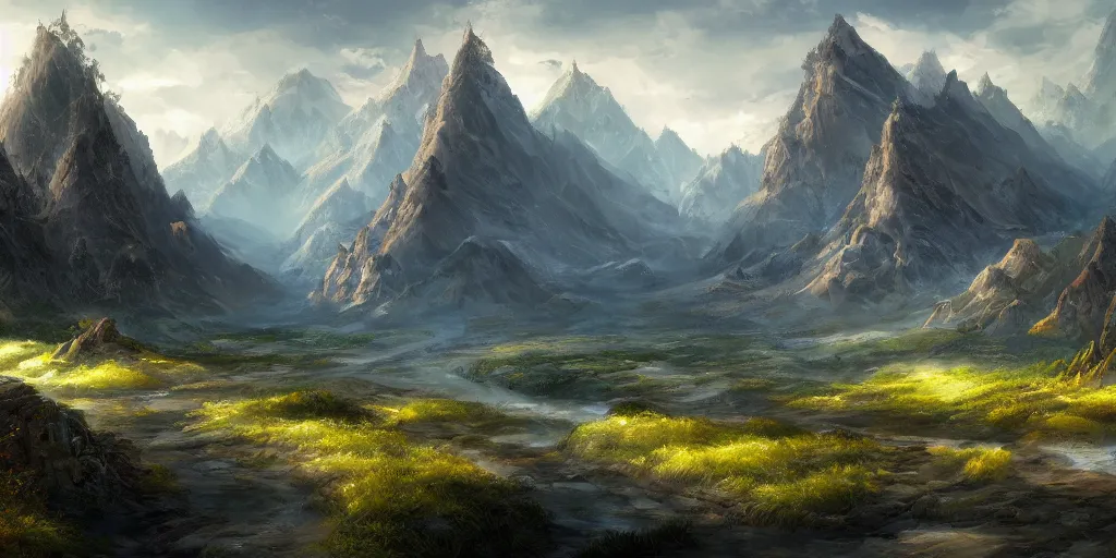 Image similar to valley landscape wallpaper, d&d art, fantasy, painted, 4k, high detail, sharp focus