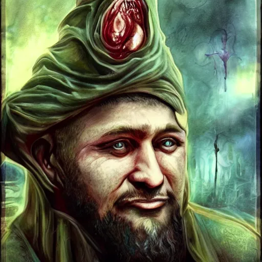 Image similar to ramzan kadyrov became cringe bloody ugly lovecraftian degenerate abomination, photo - realistic, color image, 2 k, highly detailed, bodyhorror, occult art