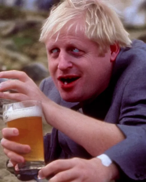 Image similar to film still close - up shot of boris johnson drinking a beer on the beach from the movie monty python's the meaning of life. photographic, photography