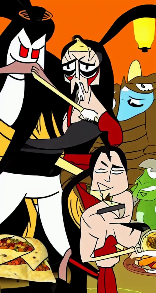 Prompt: samurai jack is eating burritos with a prostitute