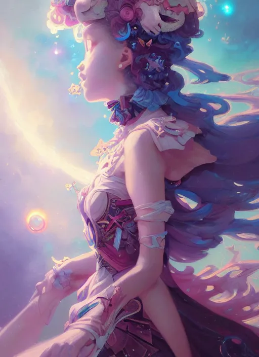 Prompt: close up picture of an maximalist dress magical girl, neat hair, extremely beautiful and aesthetic and detailed cute face and eyes, wipe out evils with cute familiar sprites, chiaroscuro, intricate, masterpiece, fantasy illustrations by peter mohrbacher and anato finnstark and jeremy lipking