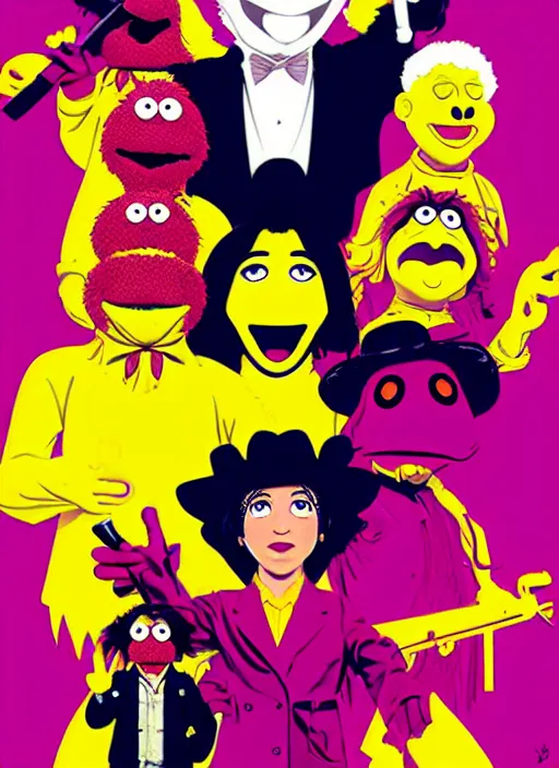 Image similar to poster artwork by Michael Whelan and Tomer Hanuka, The Muppet Show cast portrait photo, movie scene from Kill BIll, pop art poster, vector art, poster artwork by Michael Whelan and Tomer Hanuka