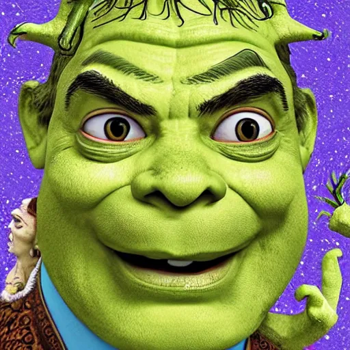 Image similar to very very very very highly detailed, epic, central composition, photo of Mr Bean as Shrek in the swamp, intricate, happy colors, extremely detailed, digital