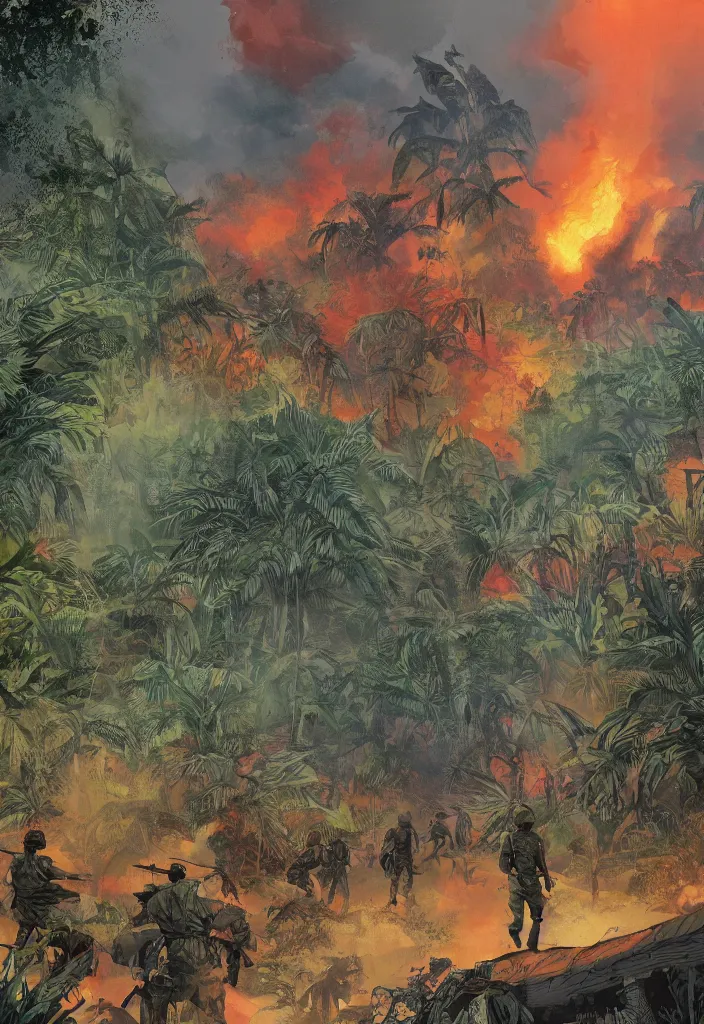 Image similar to handmade illustration of an epic Vietnam war scene with a few Rastafarian Jamaican soldiers walking, the jungle at the background, some smoke and fire, blue sky with dramatic clouds, line art, ink, watercolor by Kilian Eng and by Jake Parker, heavy brushstrokes, winning-award masterpiece, fantastic, octane render, 8K HD Resolution, High quality image