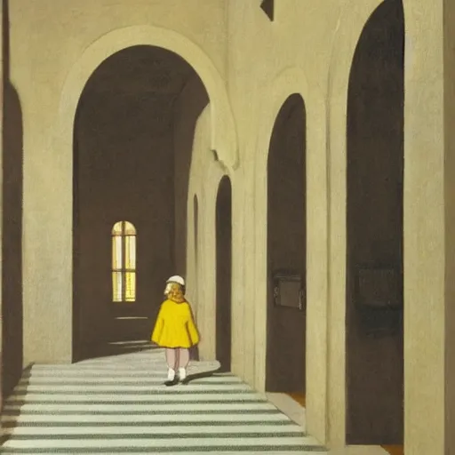 Image similar to in the distance, a little girl with short black hair and wearing a yellow coat alone in the inner courtyard of a cloister in an abbey, the light is bright and wintry, painting by hopper and de chirico