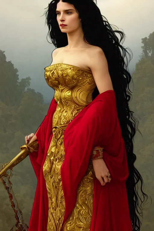 Image similar to Portrait of historically accurate, ancient biblical, sultry, sneering, evil, pagan, wicked, young queen jezebel, wearing gilded red robes, long black hair, intricate, elegant, highly detailed, digital painting, artstation, concept art, smooth, sharp focus, illustration, art by artgerm and greg rutkowski and alphonse mucha and andrei riabovitchev