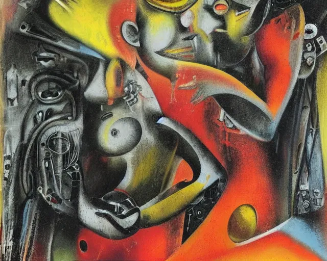 Image similar to Oil painting by Roberto Matta. Strange mechanical beings kissing. Portrait by Yoshitomo Nara.