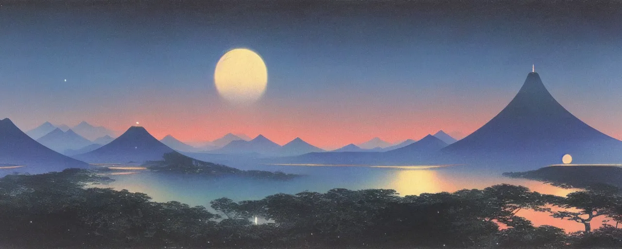 Image similar to awe inspiring bruce pennington landscape, digital art painting of 1 9 6 0 s, japan at night, 4 k, 8 k, hyperdetailed, minimalist