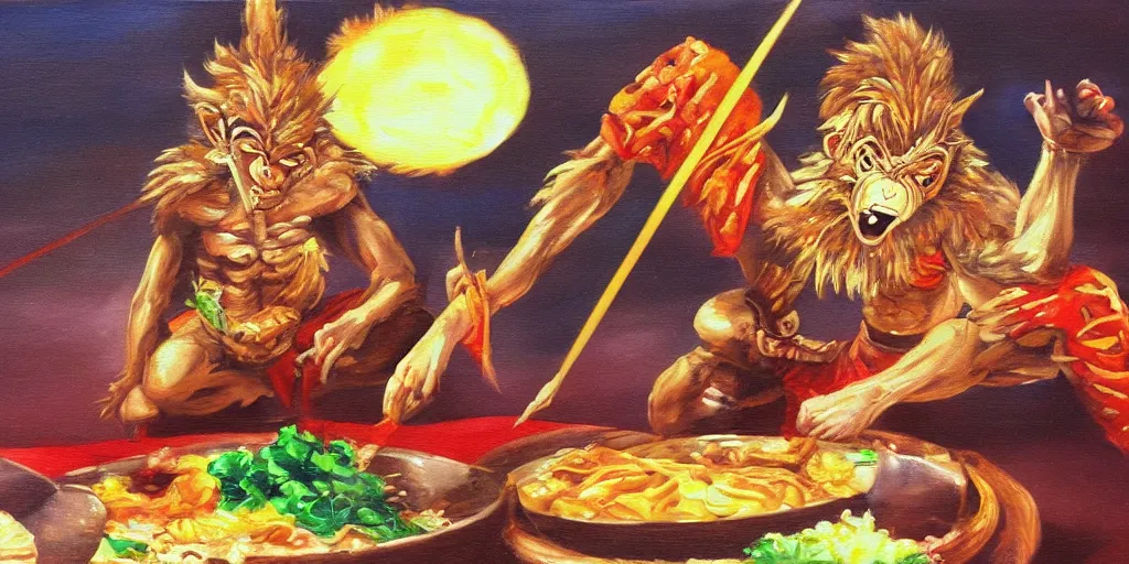 Image similar to Sun WuKong eating mexican food, oil painting