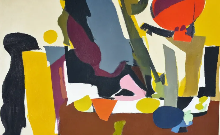 Image similar to painting in the style of ivon hitchins and john craxton. still life on a table. seated figure. studio lighting. large hands drawing on painting, brush marks. holding. expressive abstracted figures. ai