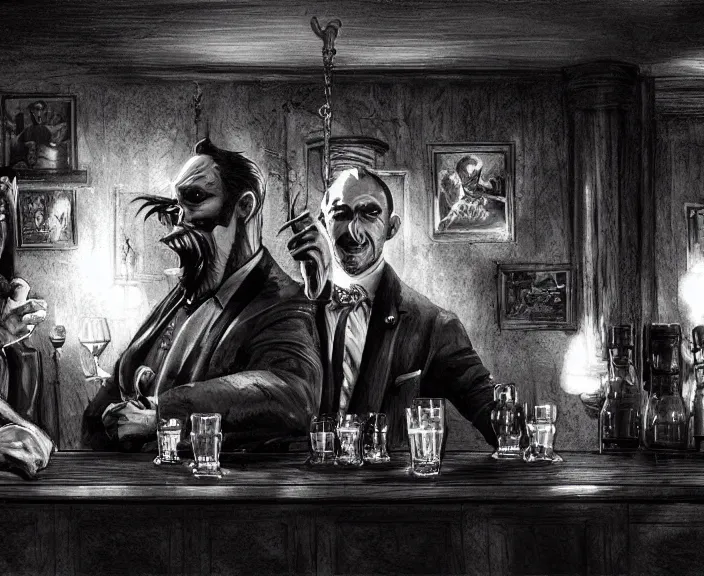 Image similar to a devil monster and a handsome gentleman toasting with whiskey in a pub, black and white and red colors, establishing shot, highly detailed, digital painting, artstation, concept art, smooth, sharp focus, illustration, Unreal Engine 5, 8K, art by artgerm, realistic painting