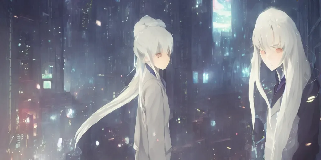 Image similar to anime kyoto animation key by greg rutkowski night, single white hair girl in night city