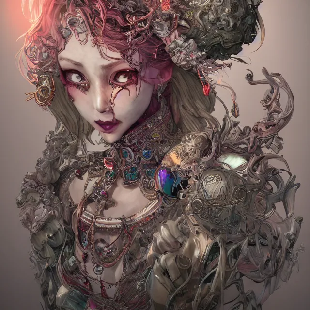 Image similar to the portrait of chaotic evil female necromancer mastermind as absurdly beautiful, gorgeous, elegant, cute young idol, an ultrafine hyperdetailed illustration by kim jung gi, irakli nadar, intricate linework, bright colors, octopath traveler, final fantasy, unreal engine 5 highly rendered, global illumination, radiant light, detailed and intricate environment