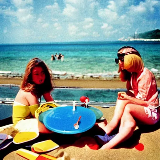 Image similar to Japan 1970's beach, color photo by Slim Aarons