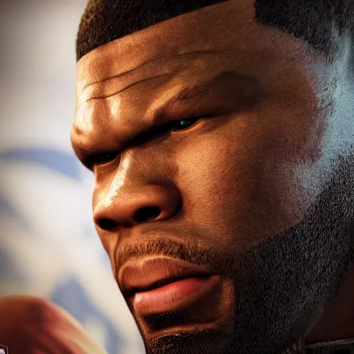 Image similar to a videogame still of 50 Cent in Tekken 7, portrait, 40mm lens, shallow depth of field, close up, split lighting, cinematic